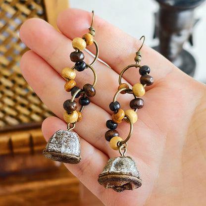 Botanical Pattern Wooden Bead Dangle Earrings