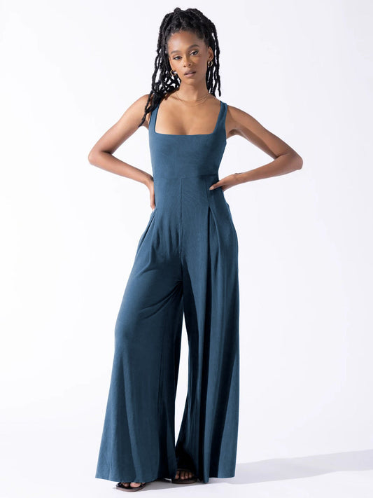 Chic Solid Color High Waist Wide Leg Jumpsuit for Women