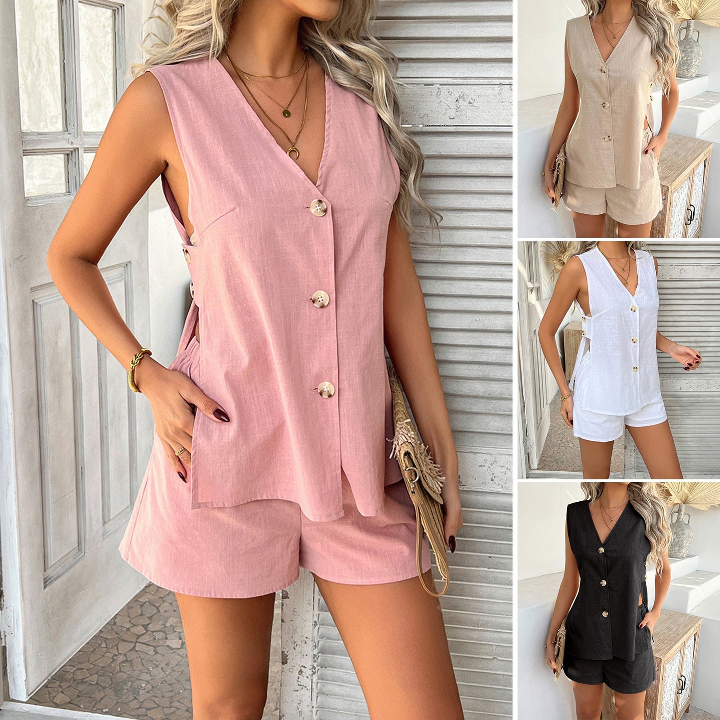 Casual Solid Color Cotton Cardigan Vest & Shorts Set