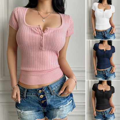 Y2K Sexy Solid Color U-Neck Button Short Sleeve T-Shirt