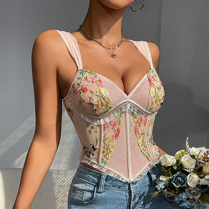 French Floral Lace Trim Cami Top Sexy Slim Fit
