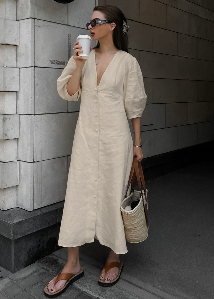 Linen Button Down Midi Dress With Puff Sleeves
