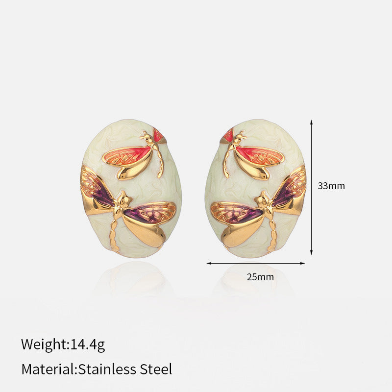 Asymmetrical Oval Enamel Dragonfly Stud Earring