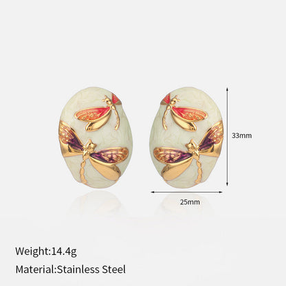 Asymmetrical Oval Enamel Dragonfly Stud Earring