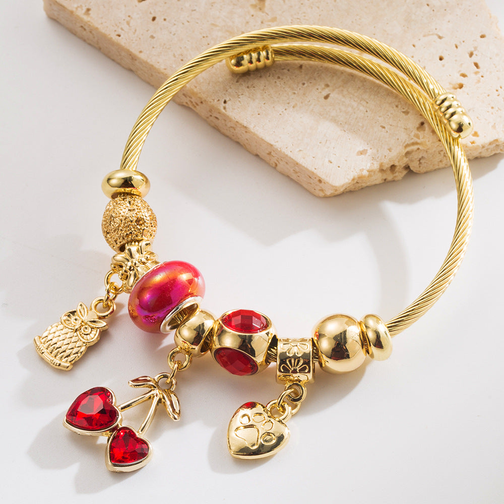 Charming Owl Star Crystal Steel Bracelet with Charms
