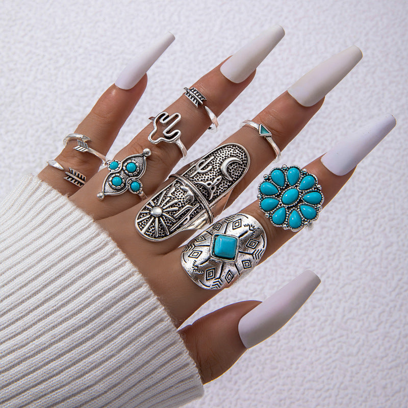 Bohemian Style Carved Feather Turquoise Ring Set