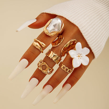 Flower-Decorated Pearl Ring Set Retro Baroque Geometric Rings