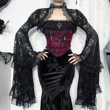Vintage Lace Long Sleeve Top Elegant Black Blouse