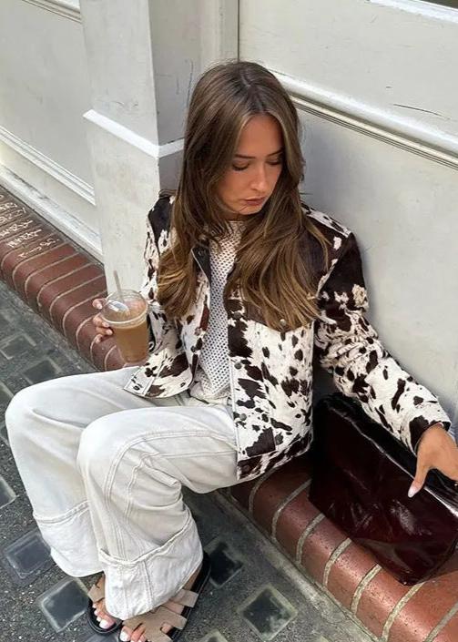 Cow Print Polyester Jacket With Chest Pockets