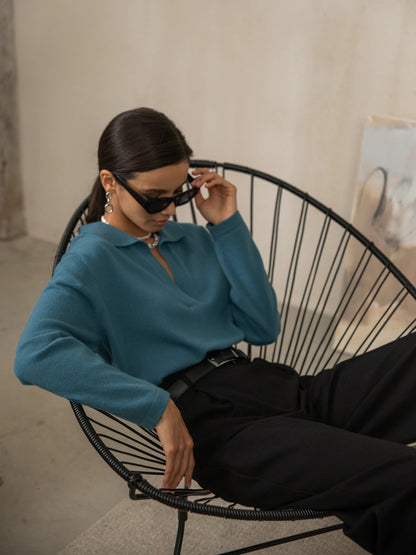 Lapel V-Neck Casual Sweater