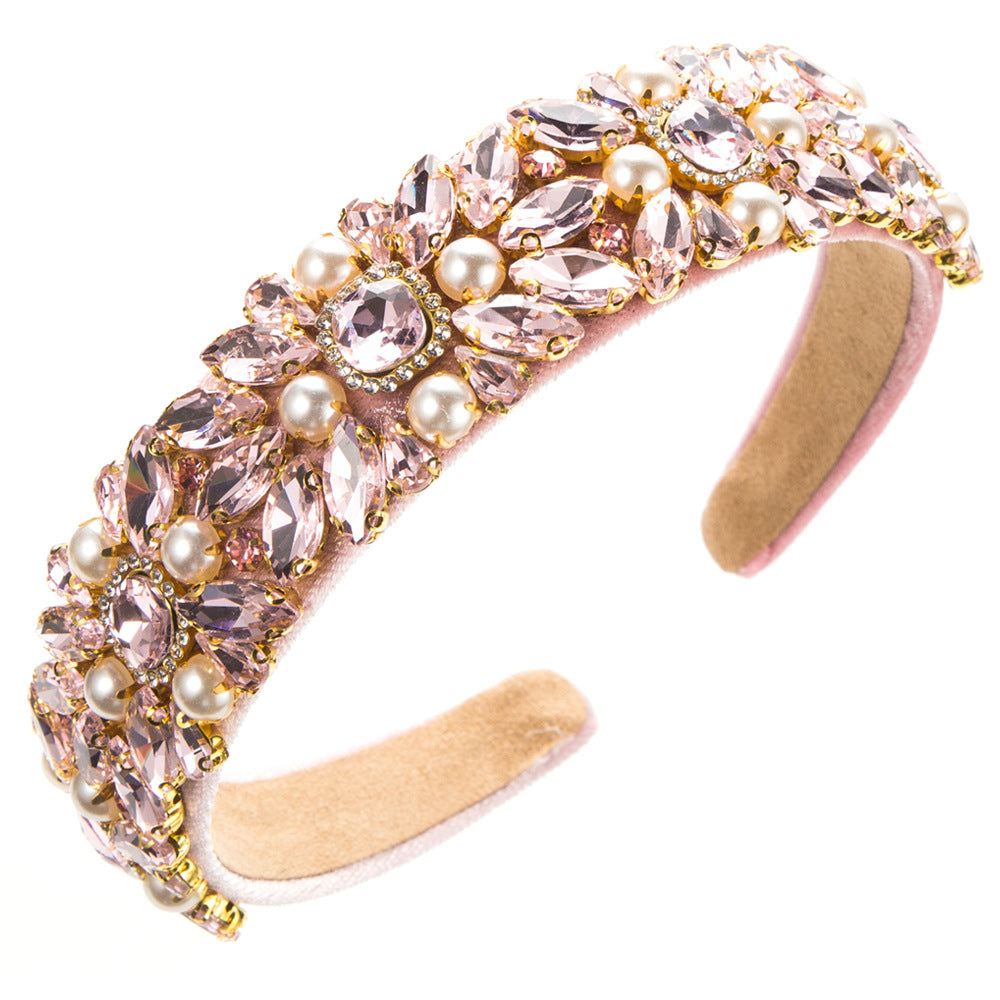 Baroque Velvet Wide Headband With Pearls and Rhinestones