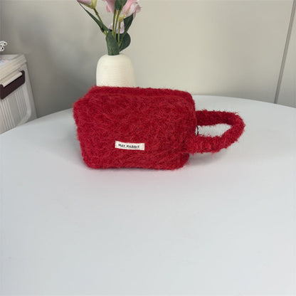 Simple Plush Solid Color Cosmetic Bag With Handle