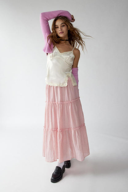 Chic Splice Pleated Lace Maxi Skirt