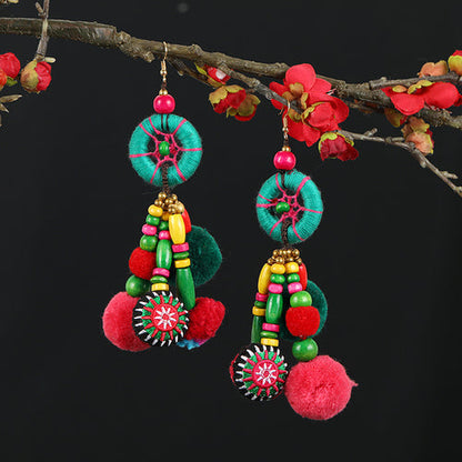 Retro National Style Contrast Color Pommel Earrings Exaggerated Personality Bohemian Holiday Long Tassel Temperament Earrings Women