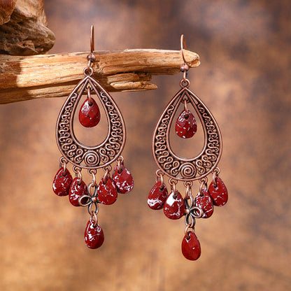 Vintage Chandelier Tassel Earrings Red Unique Elegant Statement Jewelry