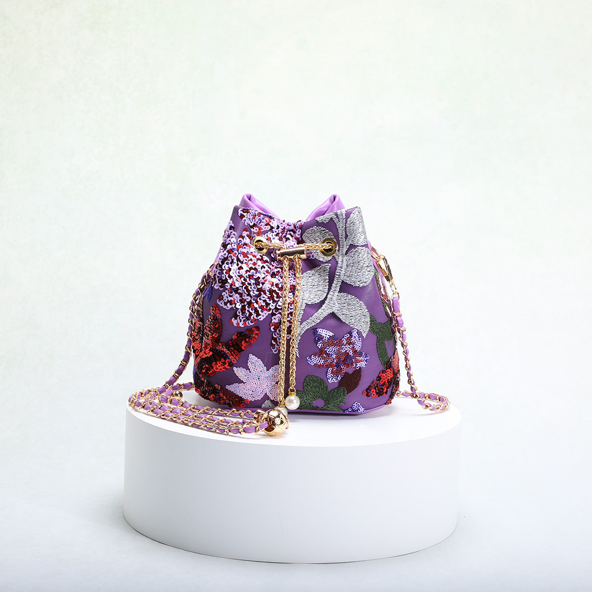 Elegant Floral Embroidered Sequin Mesh Color Block Bucket Bag