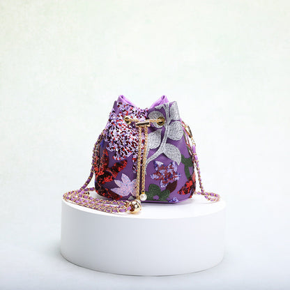 Elegant Floral Embroidered Sequin Mesh Color Block Bucket Bag