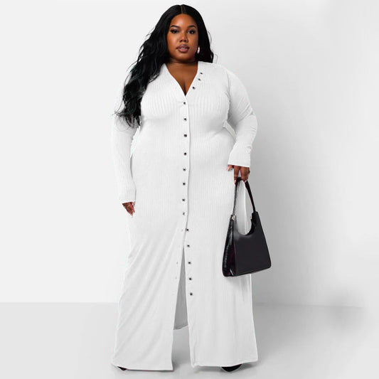 Plus Size Women'S V-Neck Split Hem Dress Stylish Casual A-Line Dress