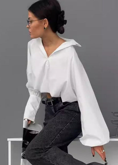 Cropped Balloon Sleeve Shirt In Crisp Fabric