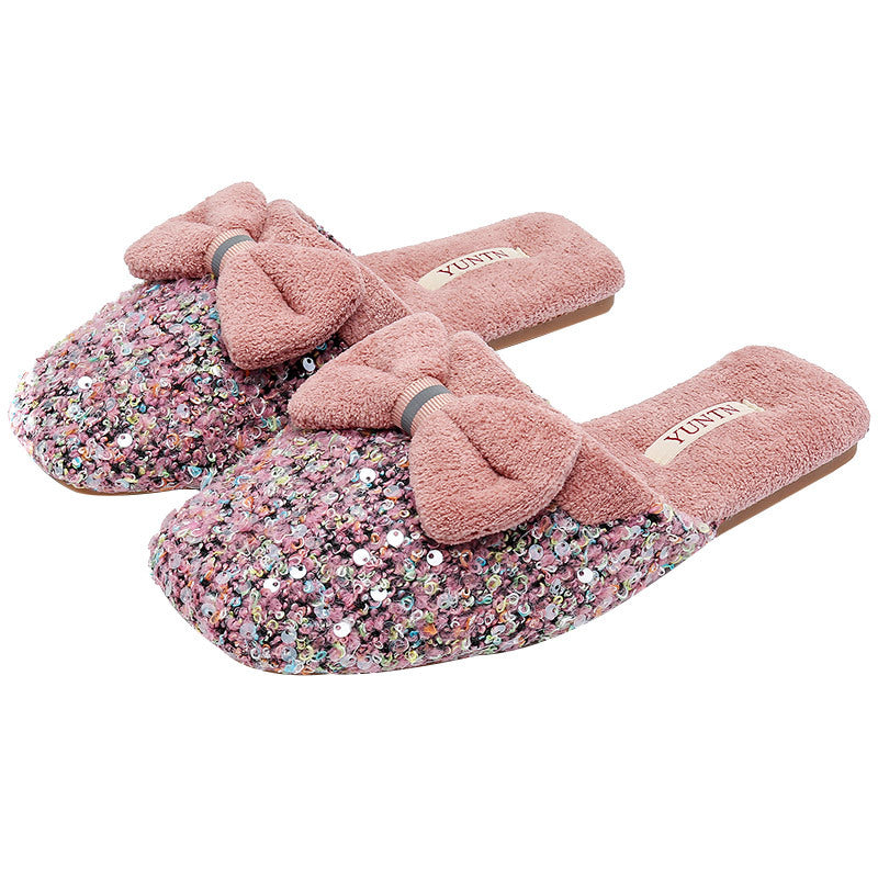 Elegant Sequins Plush Bow Knot Slippers