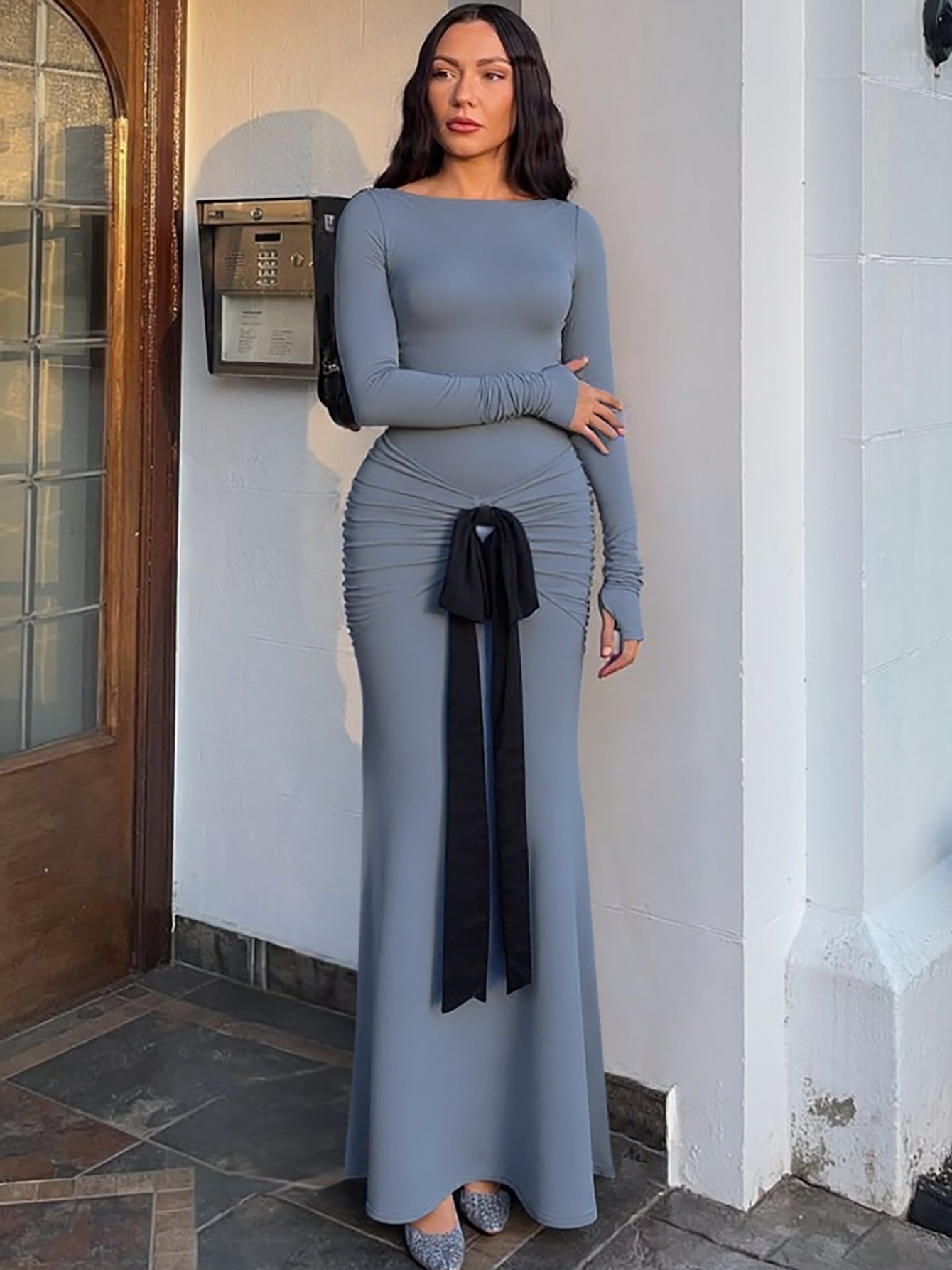 Fashionable Solid Color Long Sleeve Dress with Waist Tie