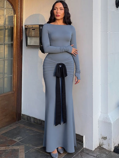 Fashionable Solid Color Long Sleeve Dress with Waist Tie