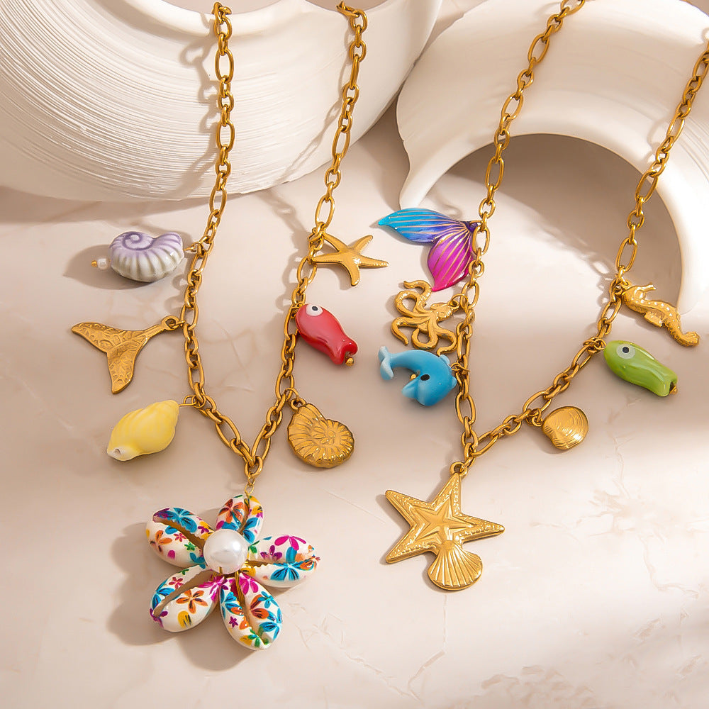 Ocean-Inspired Stainless Steel Necklace with Flower Pendant