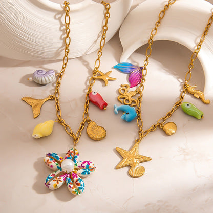 Ocean-Inspired Stainless Steel Necklace with Flower Pendant