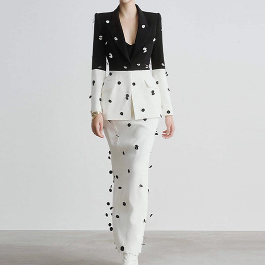 New Color-Blocked Sequined Blazer And Mermaid Skirt Set