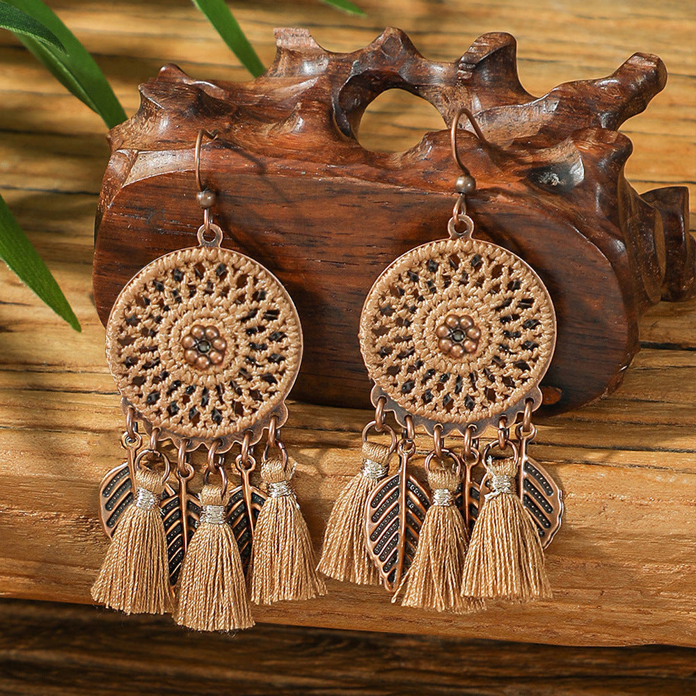 Bohemian Dreamcatcher Tassel Earrings and Wooden Necklace Set