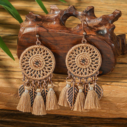 Bohemian Dreamcatcher Tassel Earrings and Wooden Necklace Set