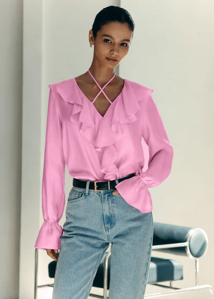 Ruffled Halter Blouse In Soft Pink Fabric