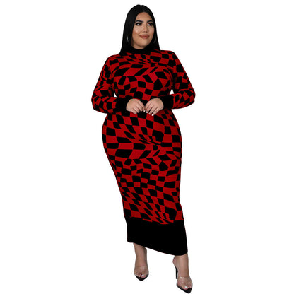 Checkered Print Long Sleeve Dress Elegant Style