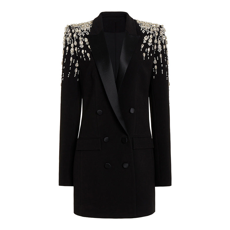 Chic Long Blazer With Beaded Embellishments
