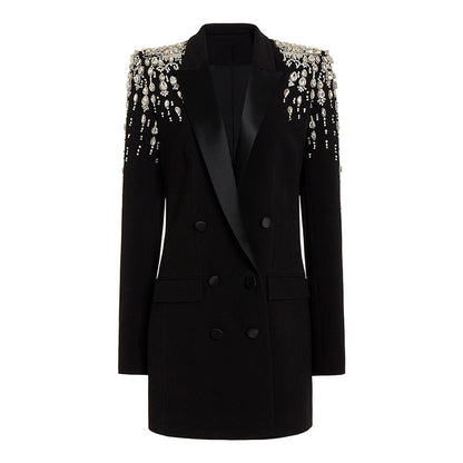 Chic Long Blazer With Beaded Embellishments