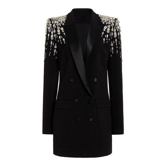 Chic Long Blazer With Beaded Embellishments