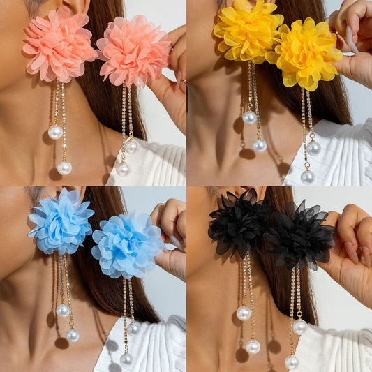 Exaggerated Flower Tassel Earrings With Faux Pearl For Women
