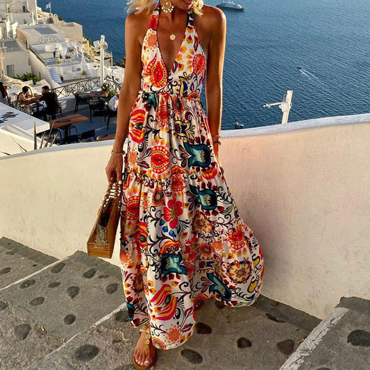 Stylish Deep V Halterneck Sleeveless Print Resort Beach Dress
