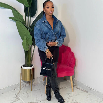 Trendy Women'S Denim Jacket With Drawstring And Zip Closure