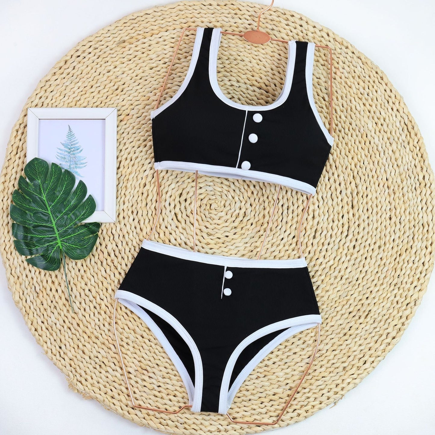 Color Block Button Down Bikini Sexy Swimwear
