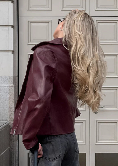 Faux Leather Moto Jacket Burgundy Edgy Silhouette