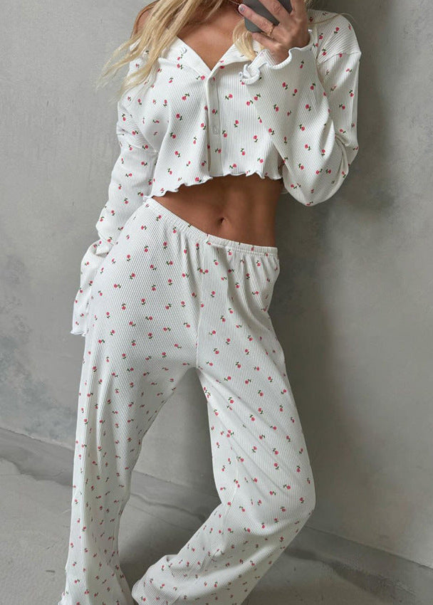 Lounge Set Soft Ribbed Fabric Floral Print