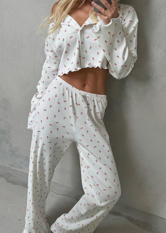 Lounge Set Soft Ribbed Fabric Floral Print
