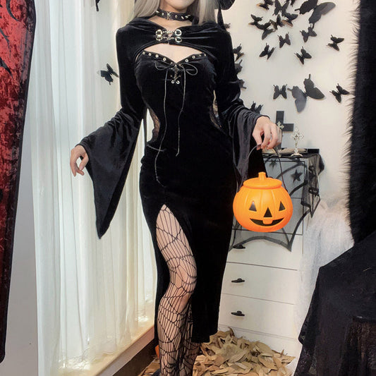 Dark Aesthetic Hooded Bell Sleeve Spider Web Dress
