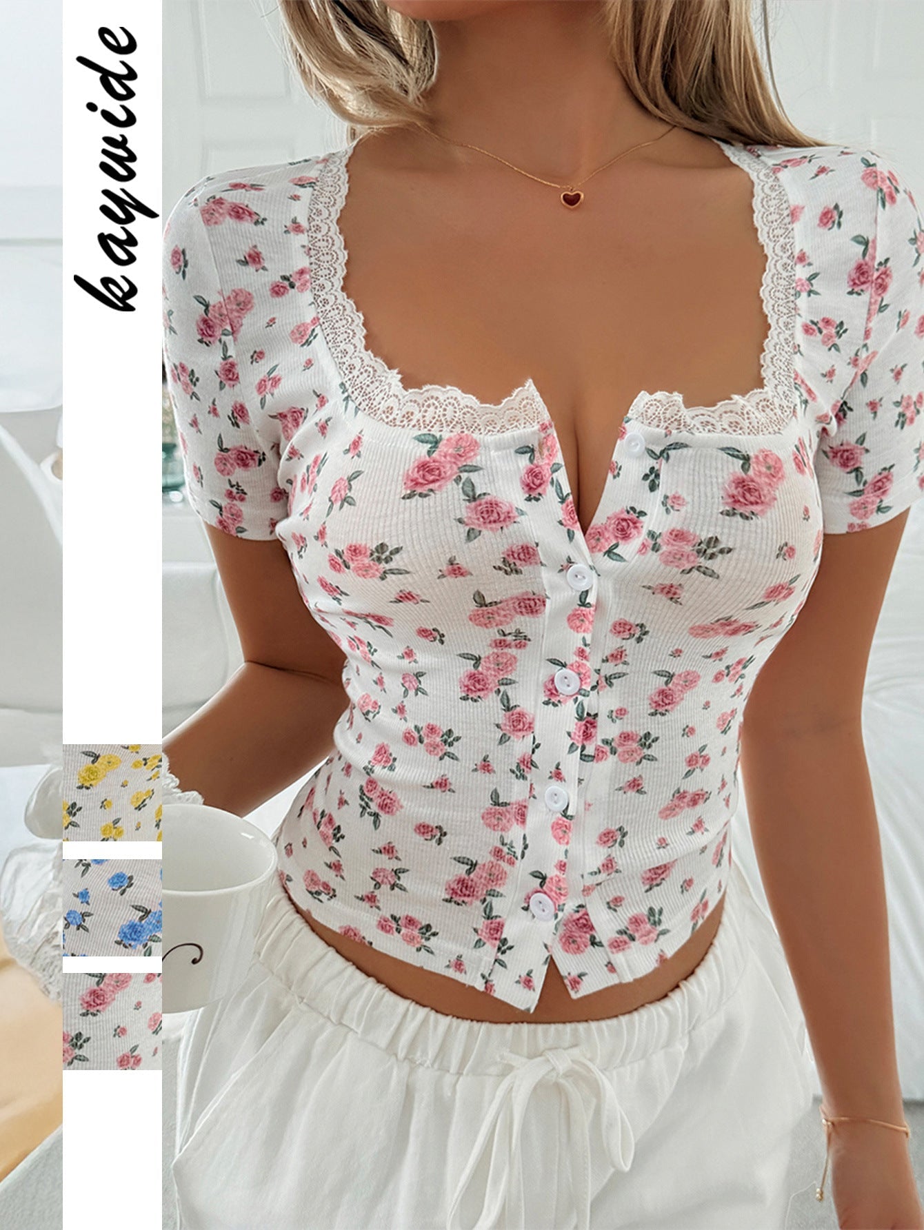 Floral Lace Short Sleeve T-Shirt for Women