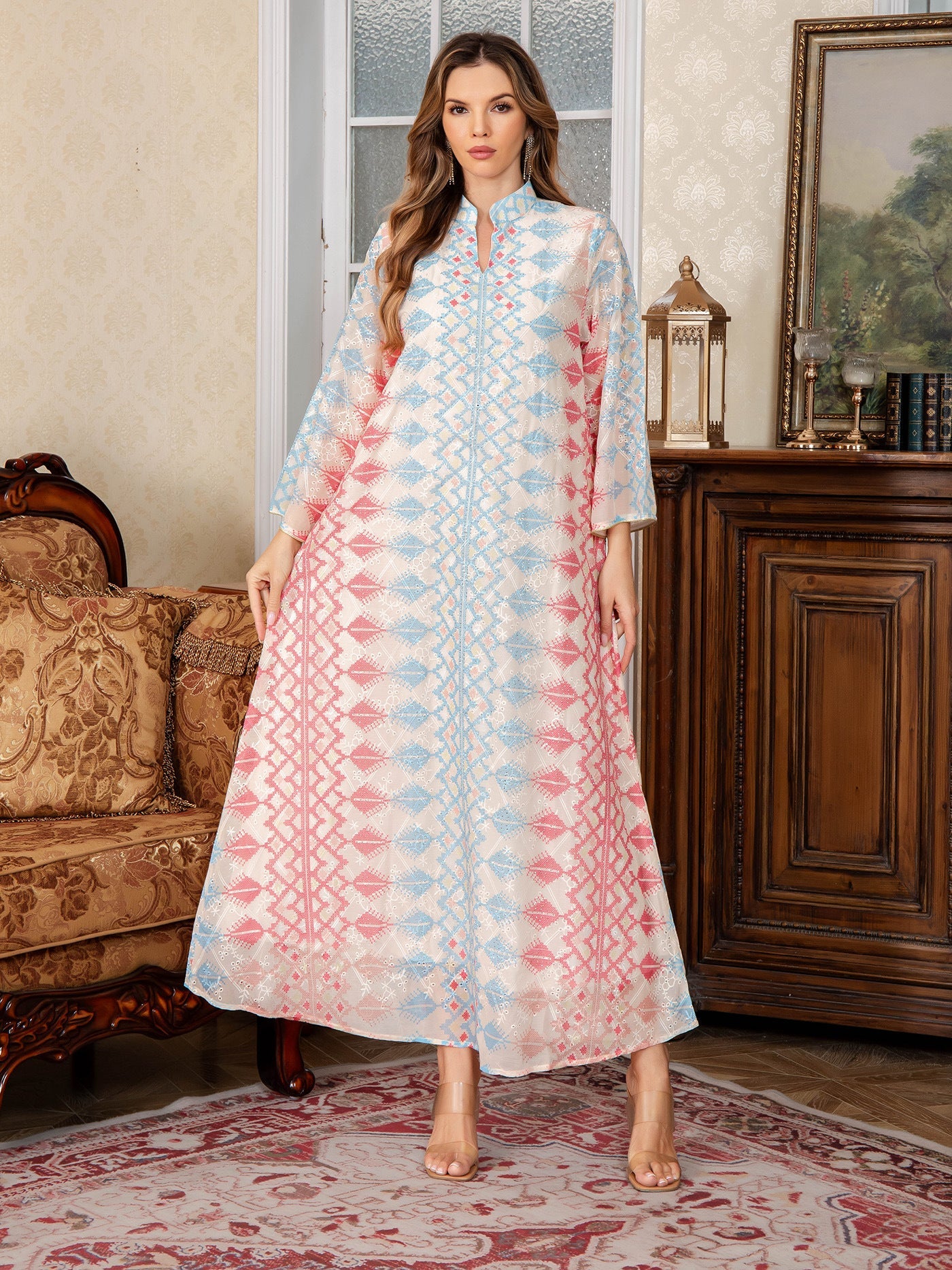Muslim Embroidered Long Dress Traditional Abaya Green and Beige