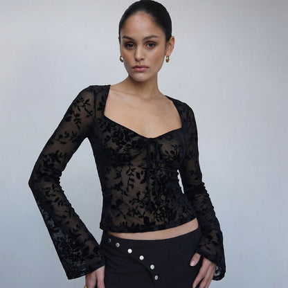 Fashionable Sheer Mesh Long Sleeve T-Shirt for Women