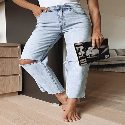 High-Waisted Ripped Light Blue Denim Straight Leg Jeans