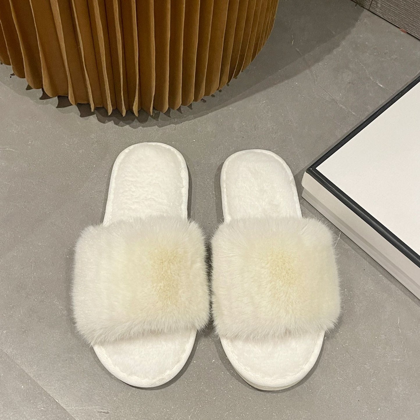 Solid Color Plush Open-Toe Slippers