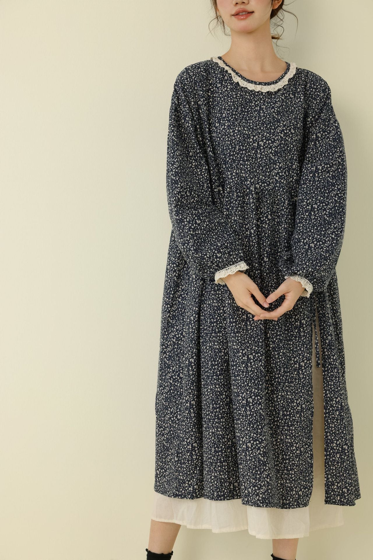 Floral Print Long Sleeve Cotton Linen Dress